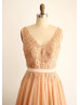 Deep V Back Champagne Tulle Lace Beaded Prom Dress